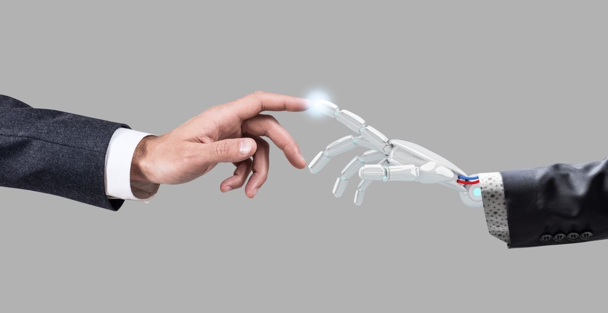 Human hand touching an android hand. 3d rendering.